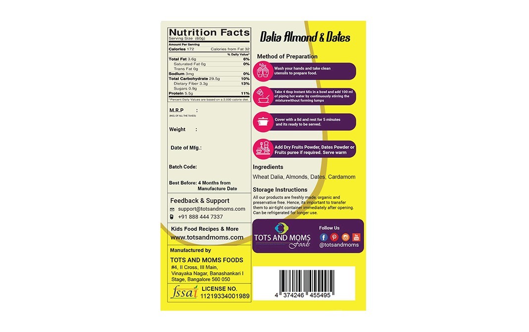 Tots And Moms Foods Instant Dalia Almond & Dates   Pack  200 grams